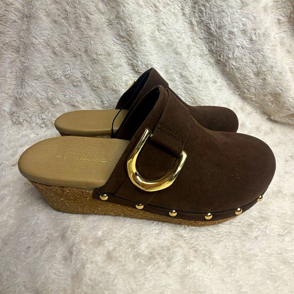 Andiamo Brown Studded Buckle Slip-On Wedge Clog Sandals Women US 10